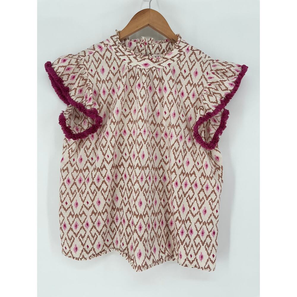 THML Boho Flutter Sleeve Blouse Pink Brown Ikat Tassel Trim Top Women's Large - Picture 2 of 7